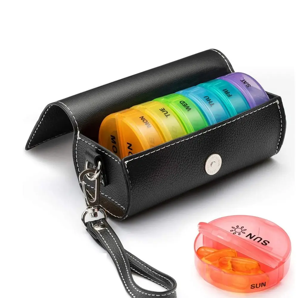 PU Leather 7-Day Pill Organizer AM/PM Compartments Drug Container Rainbow Pill Box Portable Dust-proof Daily Pill Box Travel