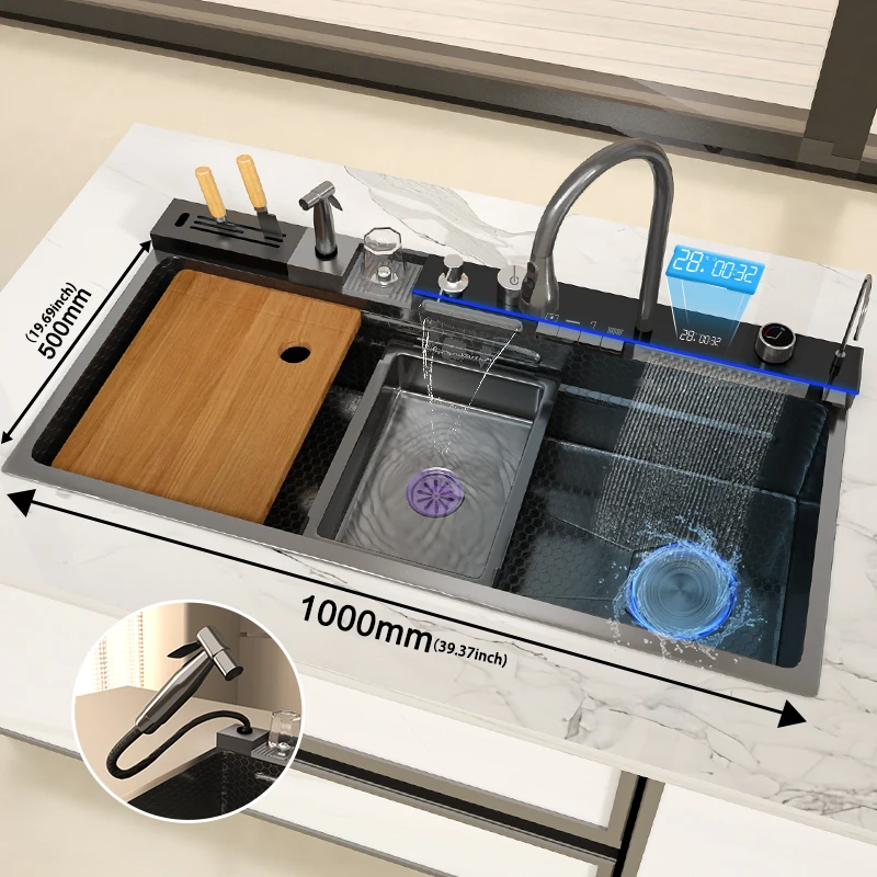 Stainless Steel Golden Kitchen Sink Multifunctional Waterfall Outlet Single Slot Piano Button Digital Display