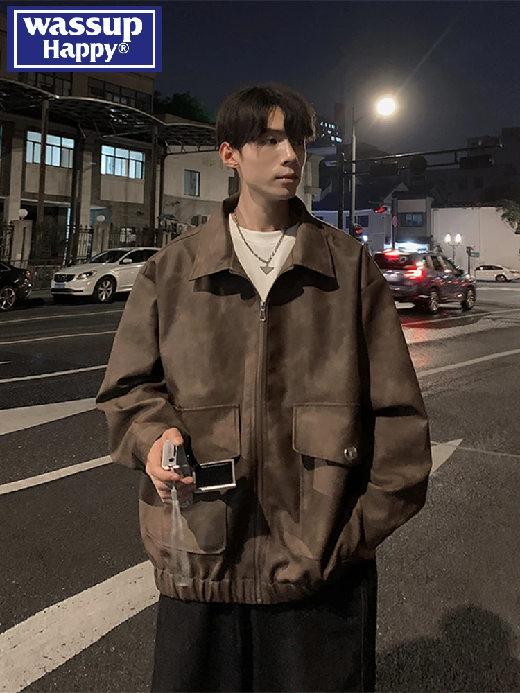 

Куртка мужская кожаная Wassup Happy, повседневная, в стиле Flight, свободного кроя, для работы, весна-осень, с декоративной молнией, из искусственной кожи