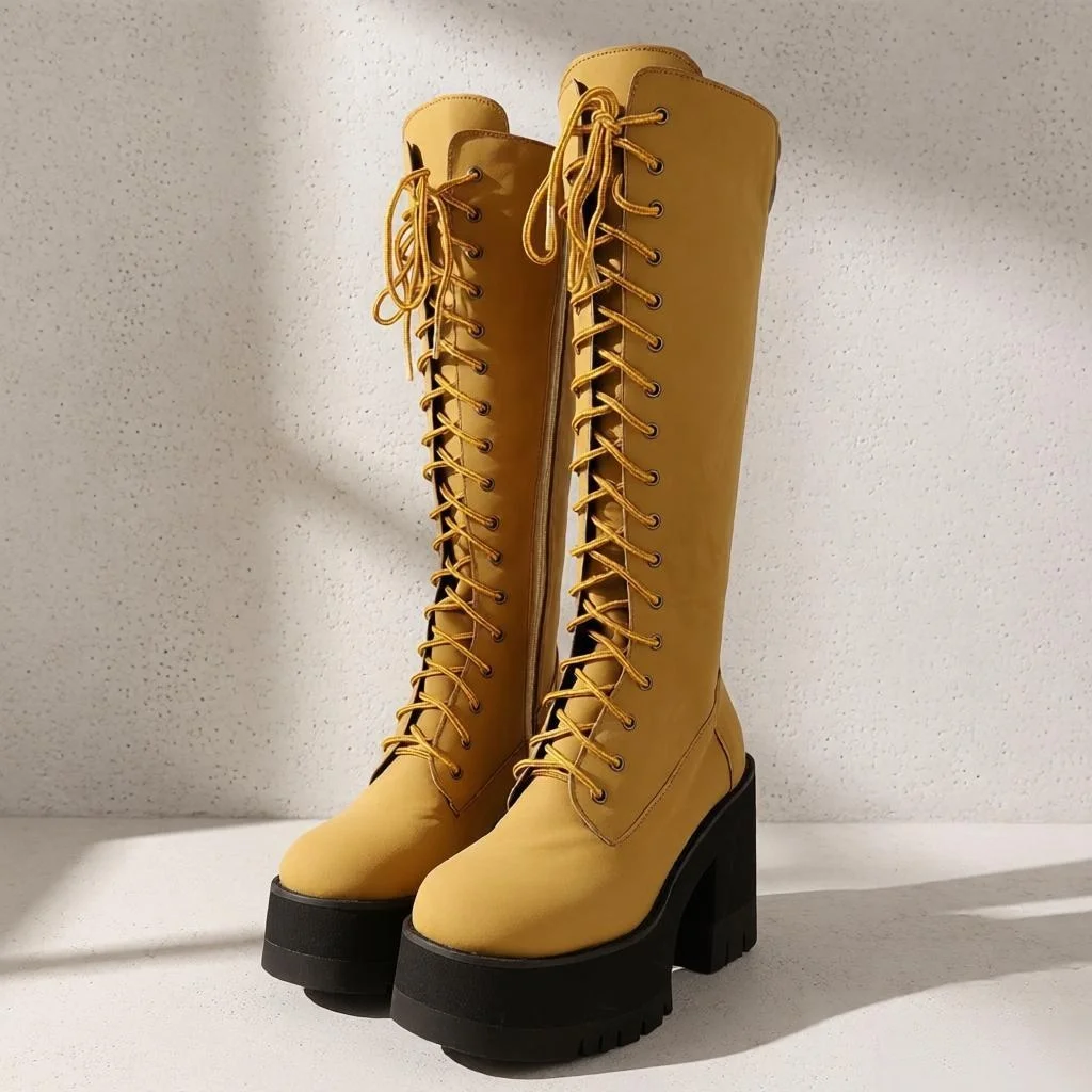 Botas altas hasta la rodilla de estilo vaquero vintage para mujer, color camel y caqui, con tacón grueso y plataforma, tipo botines de combate, con cordones y cremallera lateral, calzado urbano estilo Y2K.