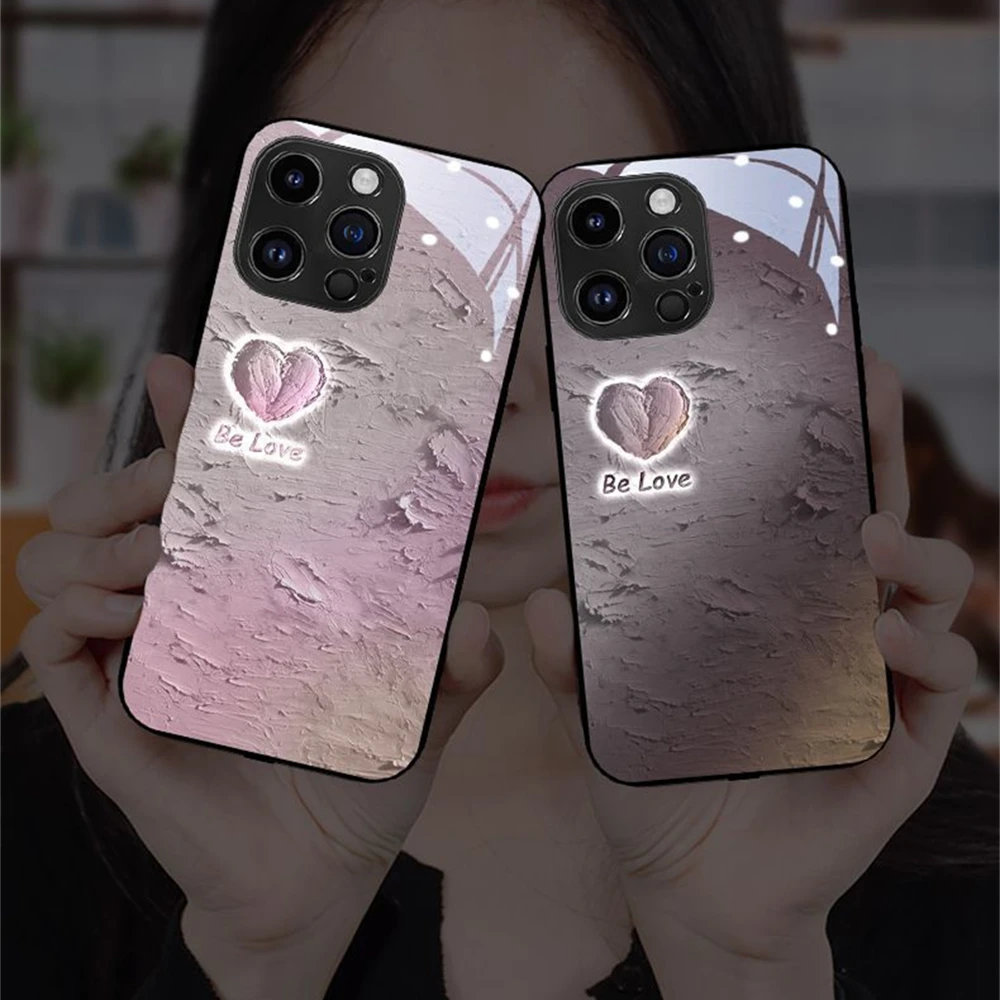 

Love Heart Smart LED Light Glow Tempered Glass Phone Case For iPhone Air 17 16 E 15 14 13 12 11 Pro Max Plus X XS XR SE