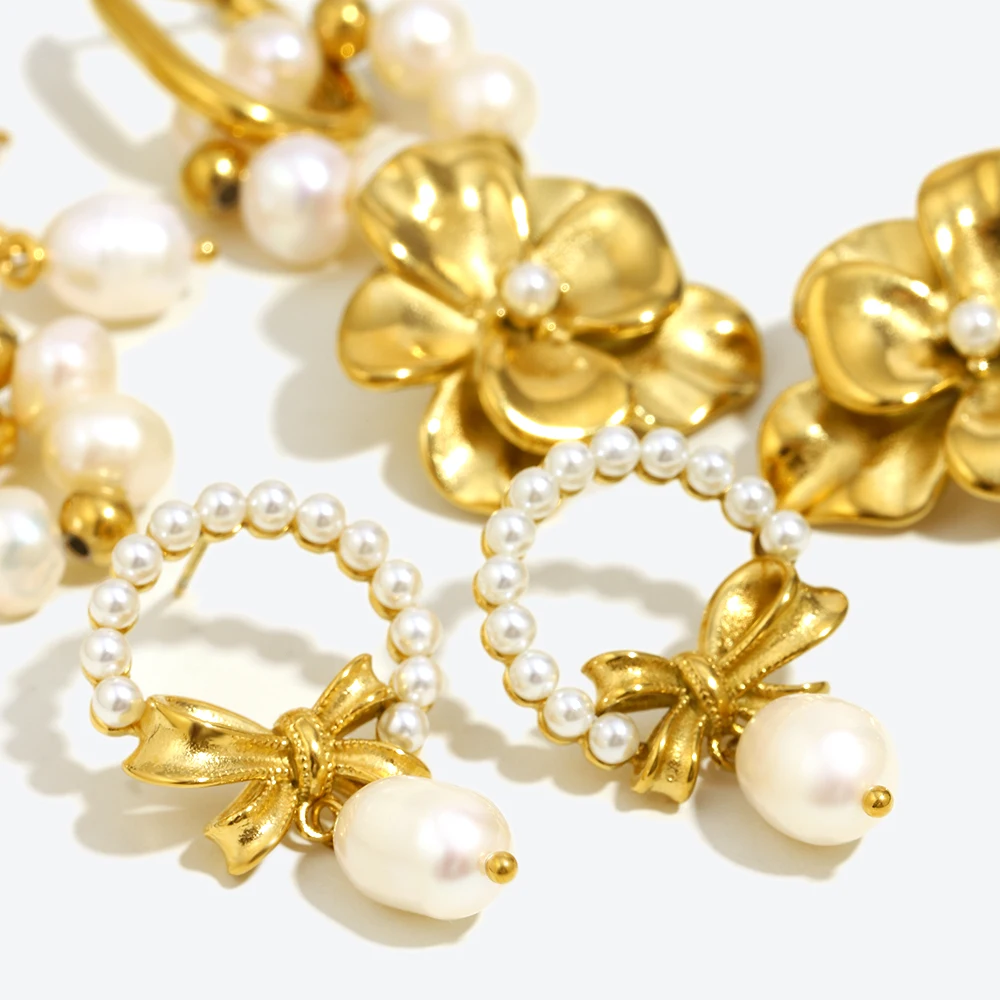 E.B.belle Flower Bowknot U-shaped Imitation Pearl Series Earrings Jewelry Stainless Steel 18k Gold Plated For Elegant Women Gift