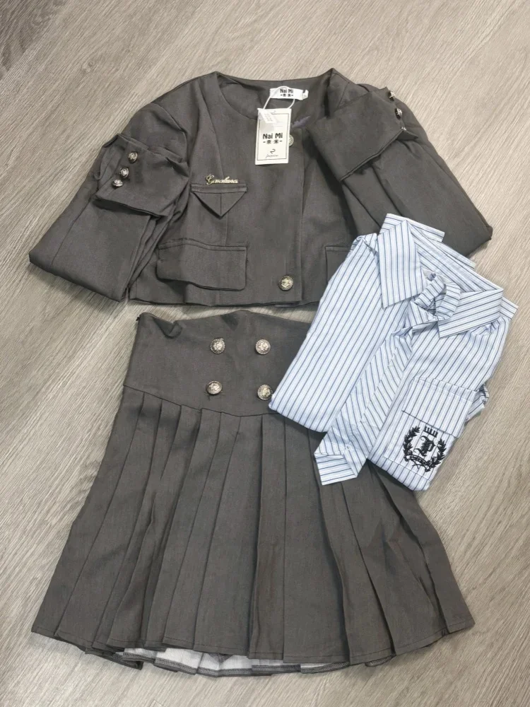 College Style JK Uniform Short Suit Women Jacket Striped Shirt High Waist Slim Pleated Skirt Japanese Fashion Three Piece Suit