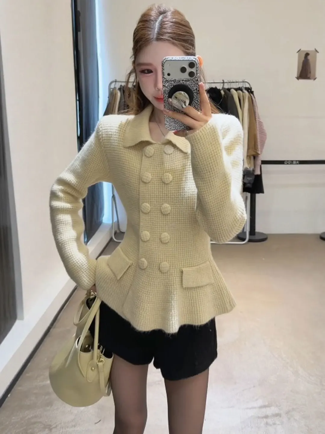 

Вязаный свитер с эффектом похудения, корейский Sle Spring Faion Ci Walk, повседневная одежда, длинный воротник-свеч, дизайн с двойными пуговицами