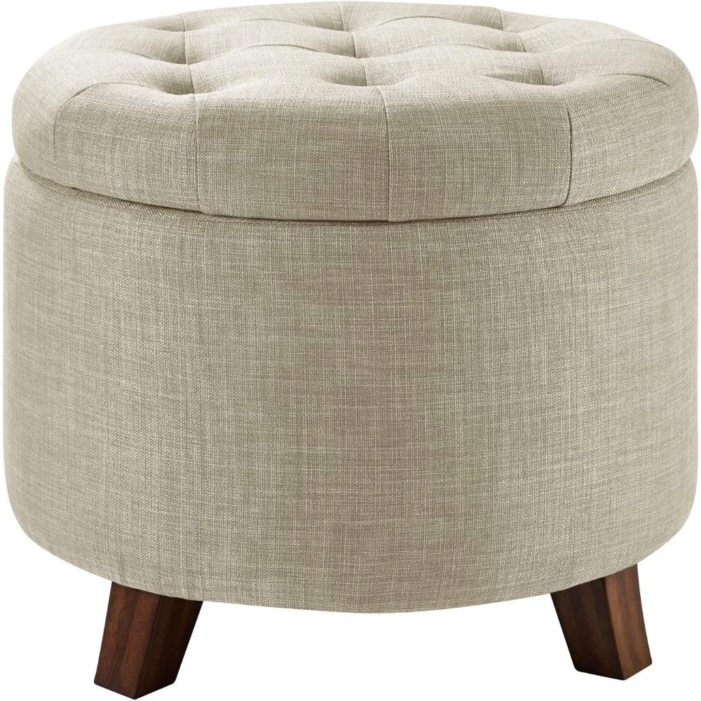 Footstool with storage space, plush round cushioned footstool, linen, coarse linen beige