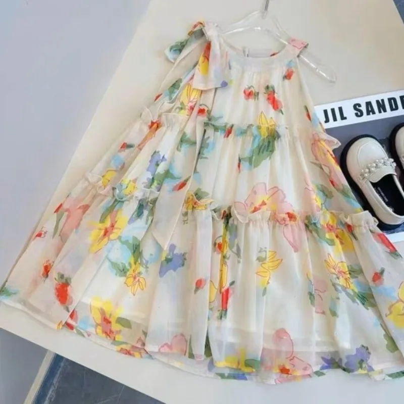 New Girls Summer Dress Children\'s Flower Chiffon Beach Strap Dress Fragmented Flower Fashion Kids Clothes Holiday Dress 2-6 Year