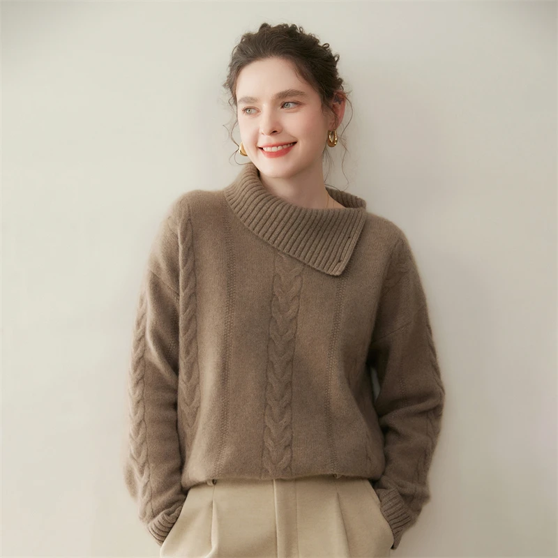 Women Cashmere Sweater Turtleneck Side Open Buckle Pullover Twisted Flower 100% Cashmere Knitwear Autumn Winter Loose Thick Tops