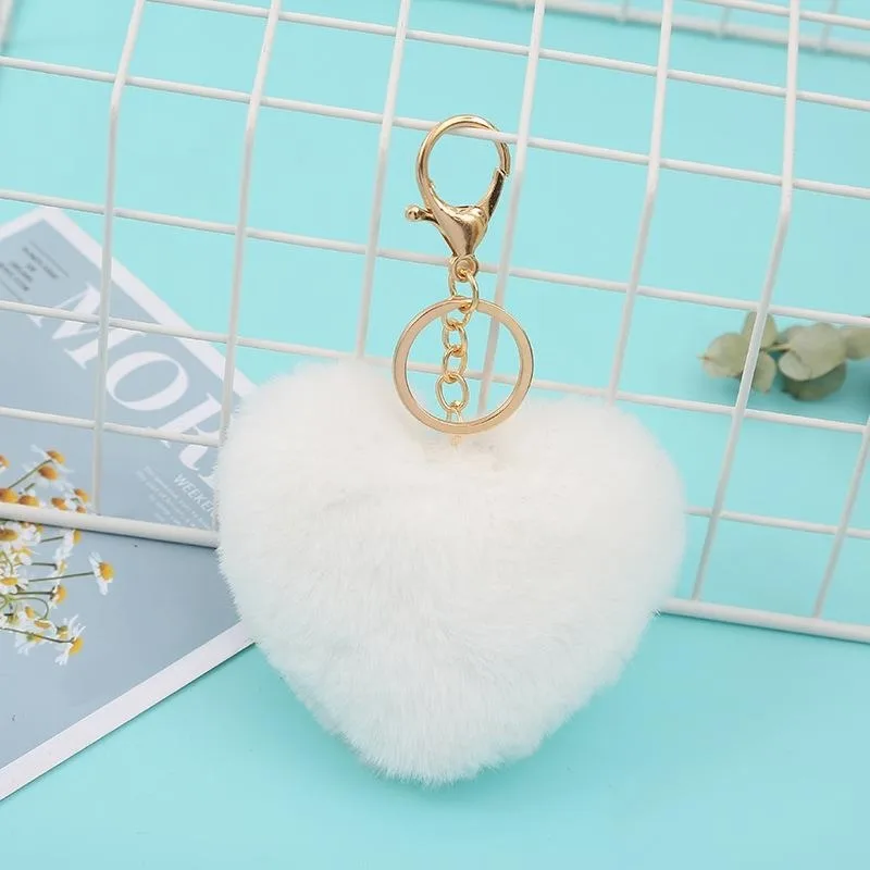 1 Pack Women\'s Heart KeyChain Artificial Fur Ball Red Or White Or Pink Heart Plush Key Ring Backpack Pendant Charm Girl