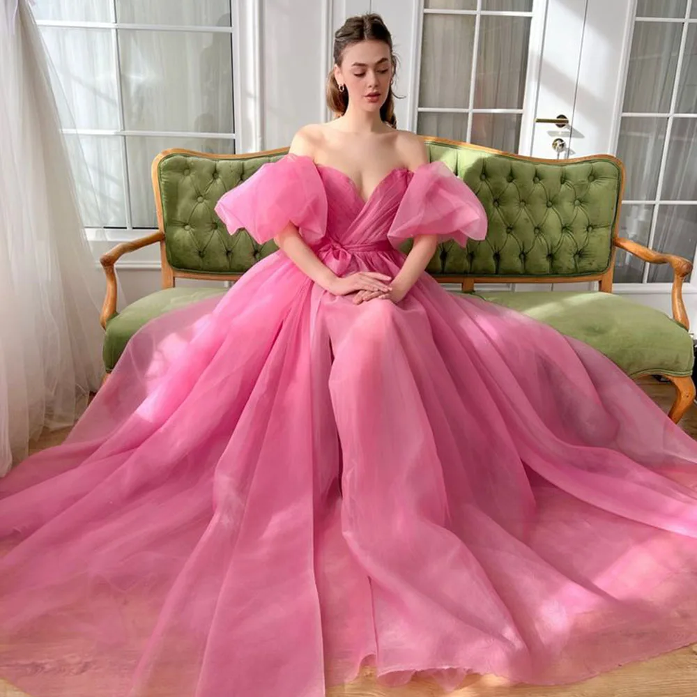 Elegant Pink Women Prom Dresses Sweetheart Floor Length Short Sleeves High Side Split Party Daily Fashion Chic Female Ball Gowns