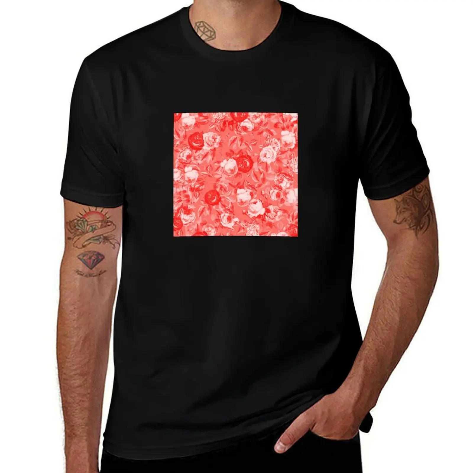 

Living Coral Vintage Roses Floral Pattern T-Shirt graphic tee shirt quick-drying anime stuff funny t shirts men