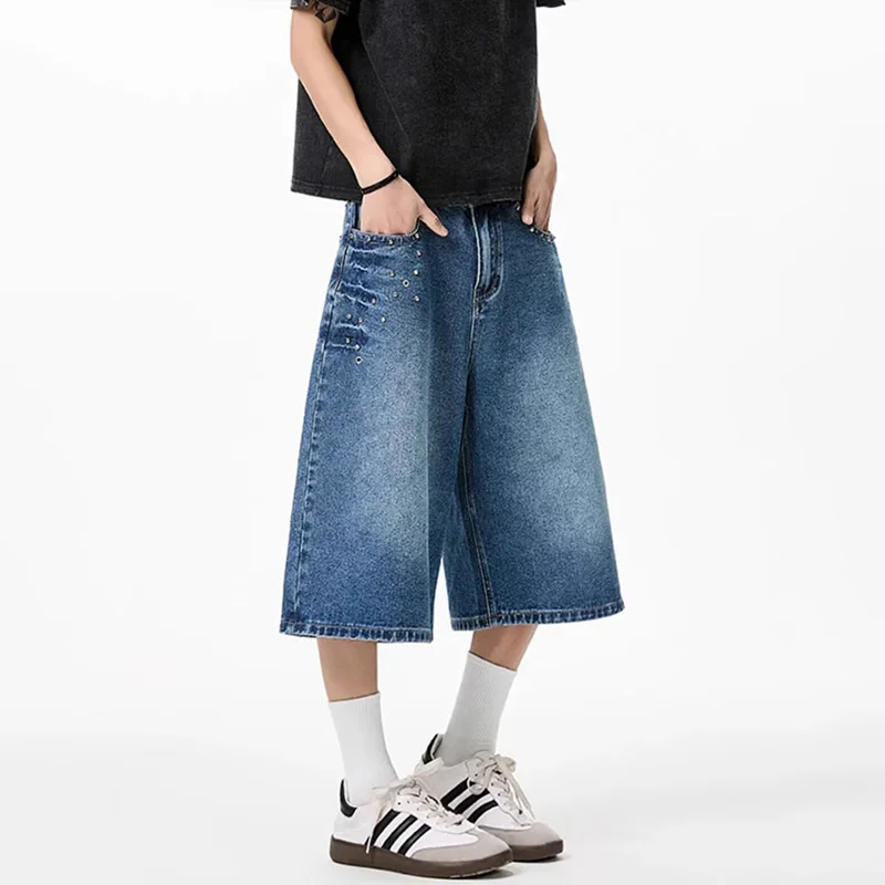 

2026 Summer New Lightning Pattern Jeans Men'S Cropped Pants High Waisted Straight Leg Pants Casual Loose Wide Leg Pants