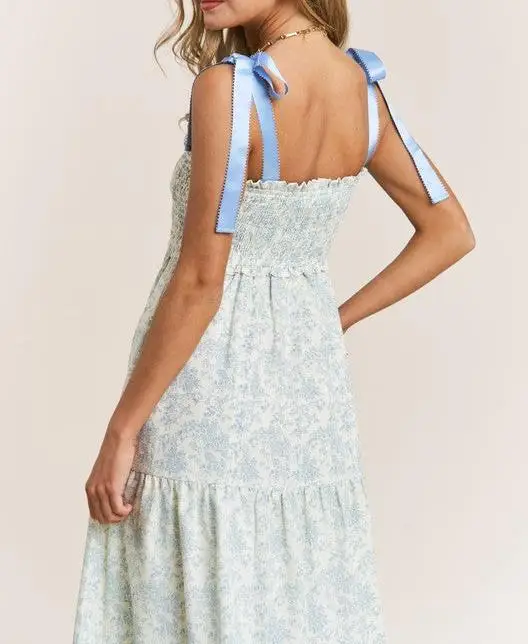 New Fashion Women Floral Tie Shoulder Dress Smocked Sweetheart Neck Sleeveless Backless A-line Long Tiered Ruffle Dress S M L