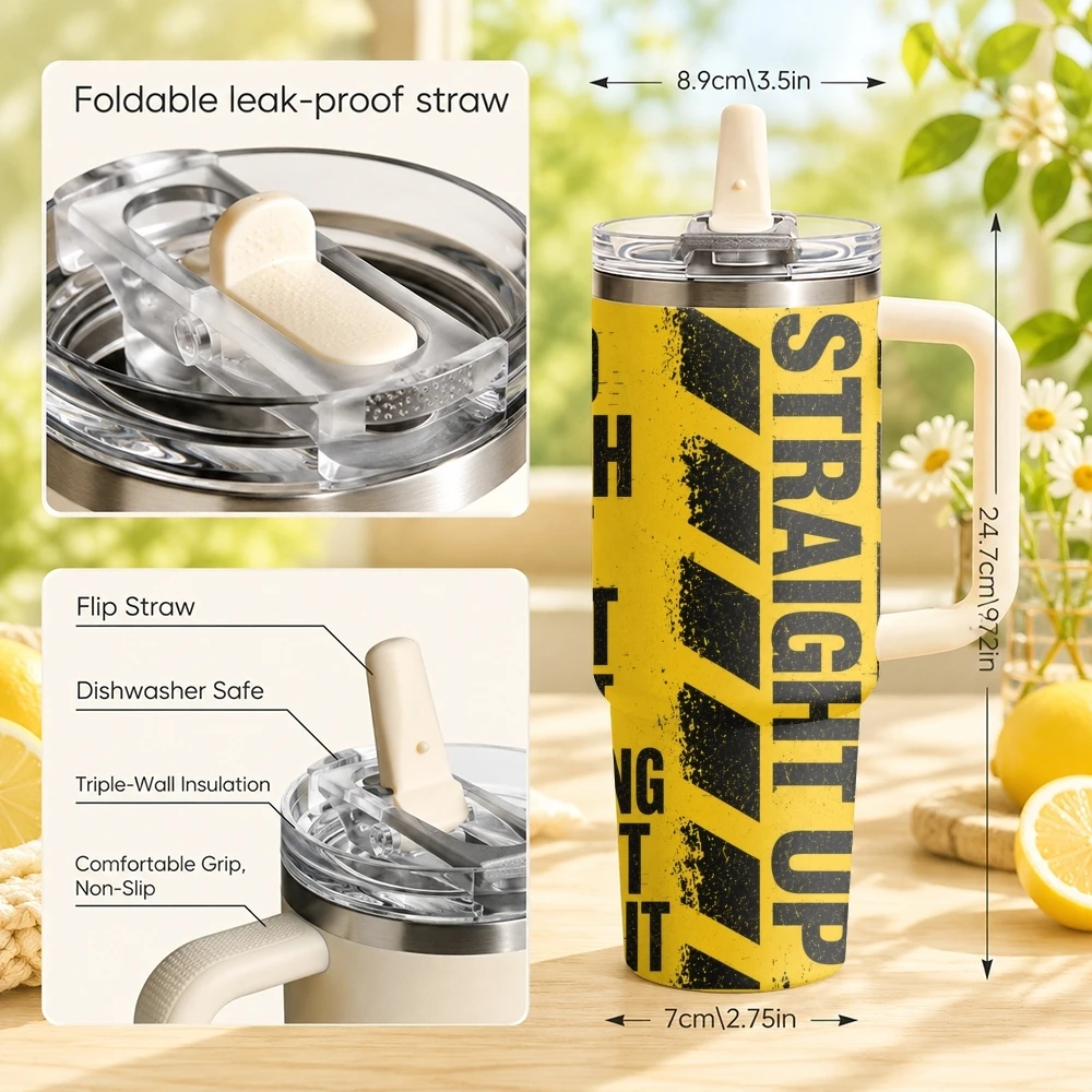 Warning Design Vacuum Flasks 40oz Stainless Steel Tumbler with Handle Straw Lid Vacuum Insulated Double Wall Leak Proof