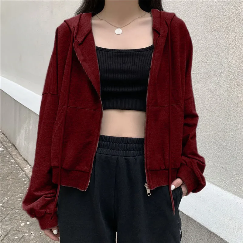Lucyever Casual Hooded Sweatshirt Women Black Gray Y2K Zip Up Cropped Hoodies Female Harajuku Long Sleeve Loose Sports Jacket