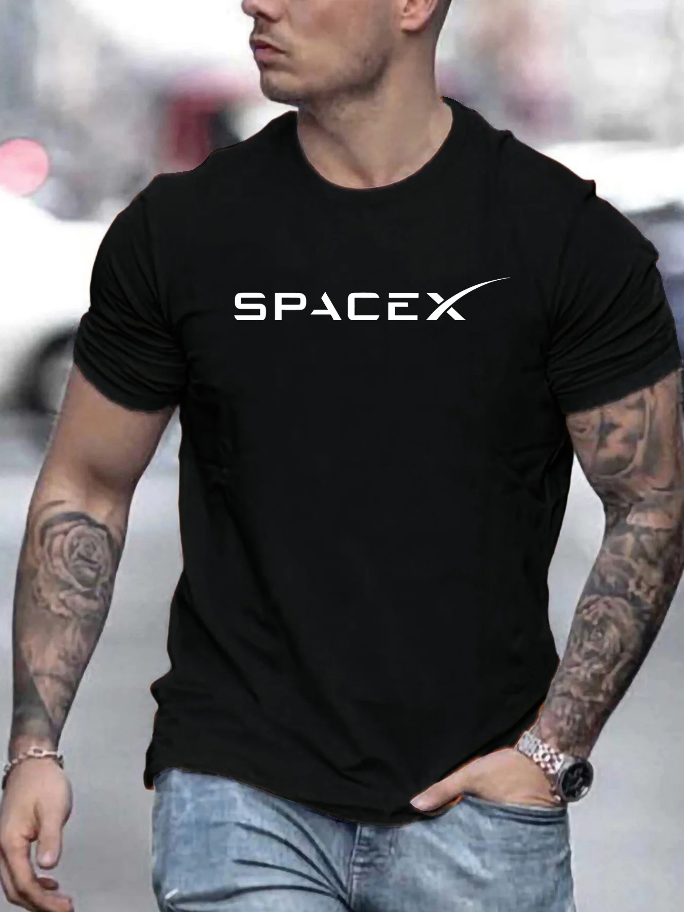 1pc Polyester Knit Fabric Spacex MenS Casual T-Shirt Crew Neck Printed Pattern Regular Fit for Summer Adult Fashion Tops