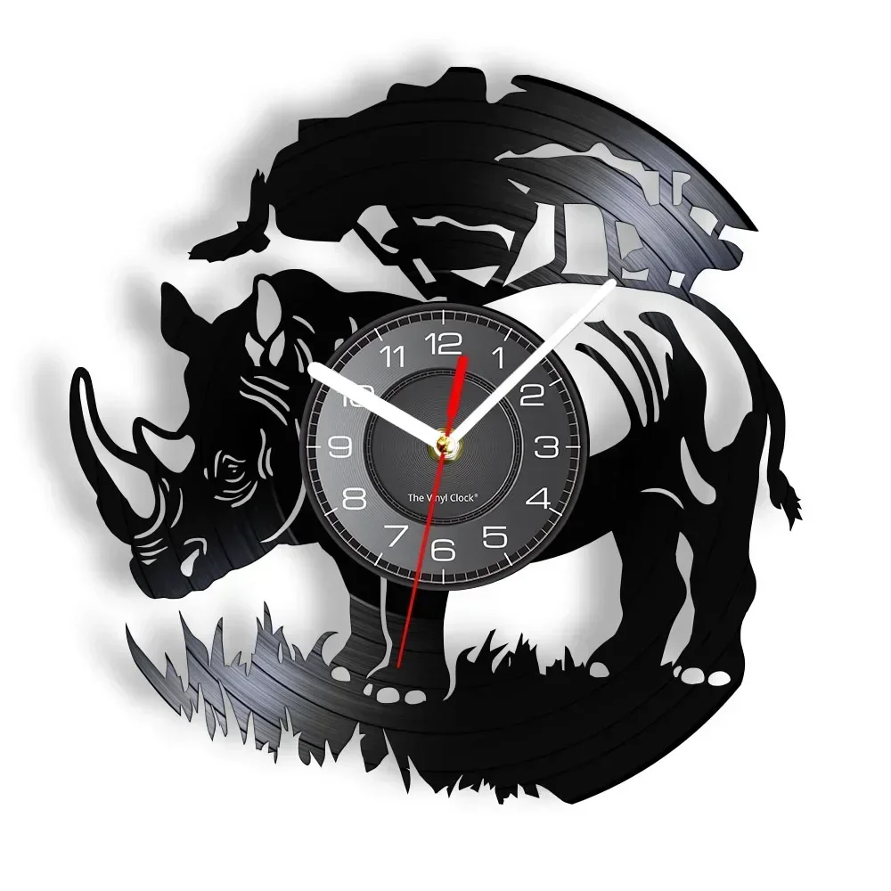 Safari Rhinocero Laser Cut Wall Clock Ramhorn Mammal African Animal Vinyl Disk Crafts Rhino Art Watch for Kid Living Room