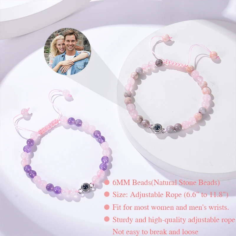 Pulsera de proyección de foto personalizada para pareja, pulseras de cuentas de piedra de cebra de cristal, pulseras de imagen personalizadas,