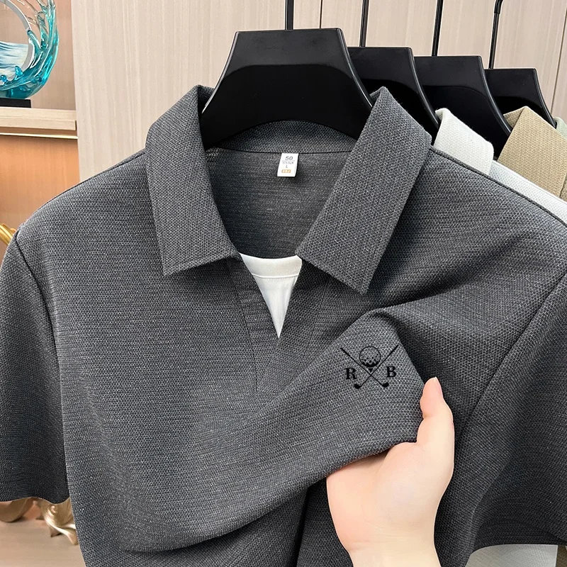 Men's Summer New Breathable Fake Two Piece Polo Shirt Fashion Lapel Buttonless Short Sleeve T-Shirt Casual Versatile Men's Wear