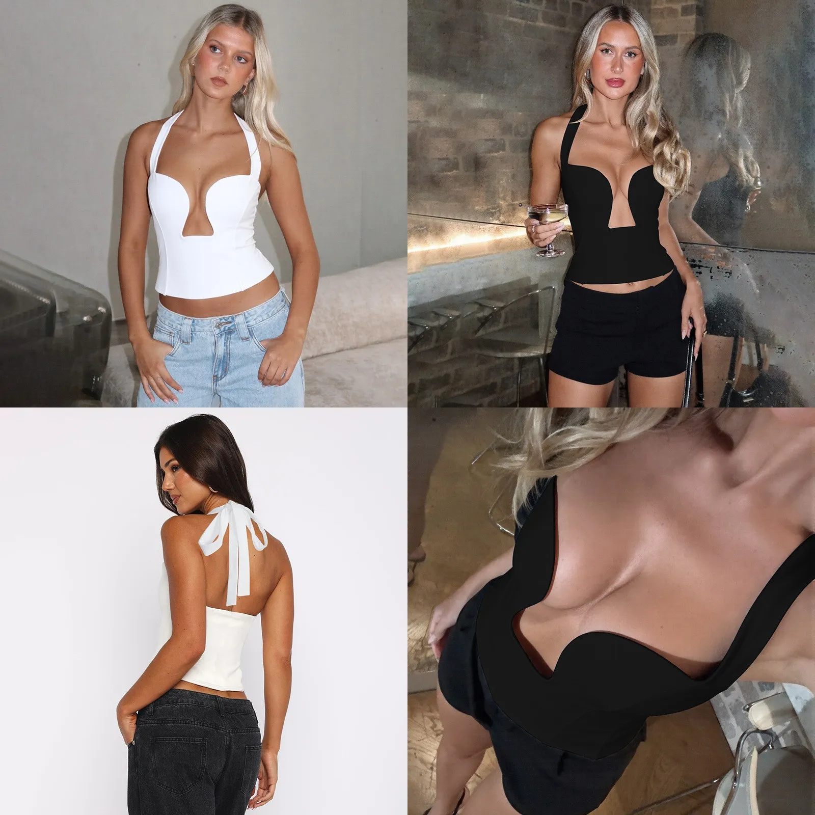 Sexy Hollow Out Wrap Top Tee Blouse, Solid Color Halter Neck Tight Fitting Tops, Spring Summer Women Casual Blouses Tops