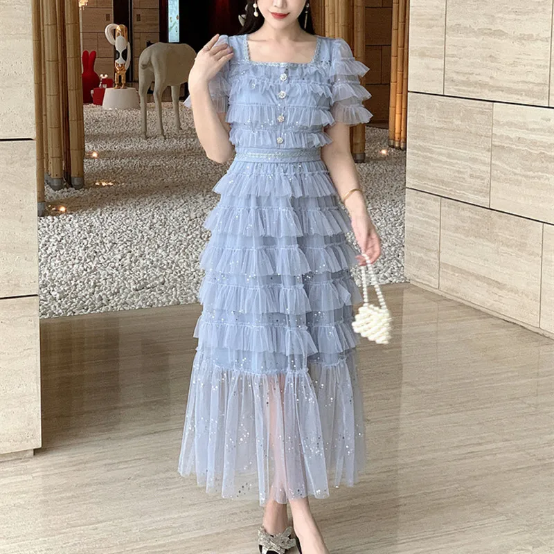 

Women's Squared Collar Sequins Mesh Cake Dress Designer Button Decor Fashion Cascading Ruffles Princess Party Midi Dresses