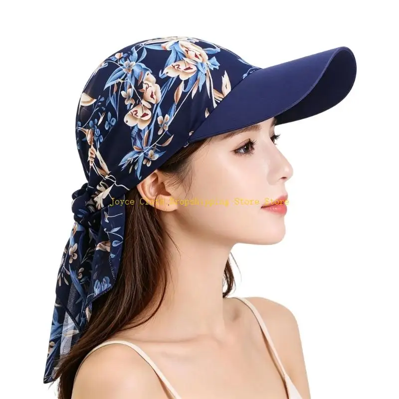 Breathable Sunproof Hat For Women Girl with Headscarf Design Flower Printed Triangle Headscarf Baseball Cap For Work And 10CD