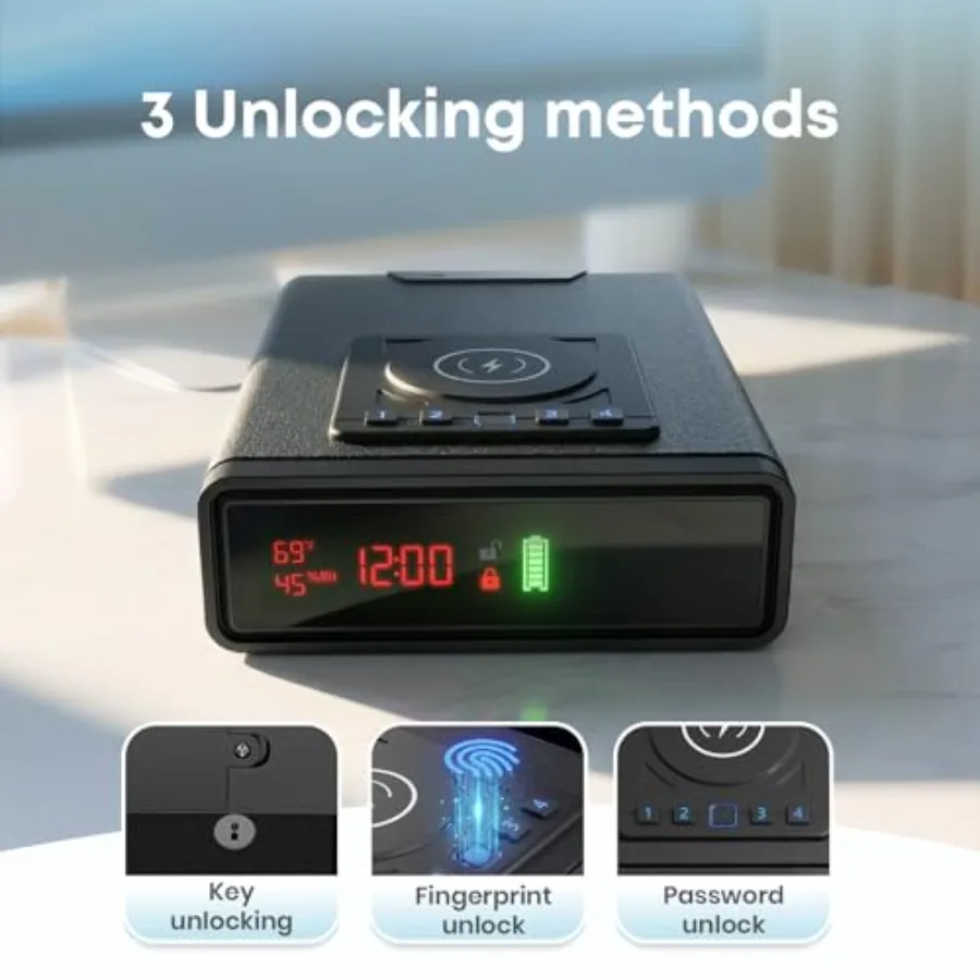 Biometric Fingerprint Gun Safe with Phone and Watch Wireless Charging 3 Quick Access Clock Handgun Safe with Adjustable Brightn view 2