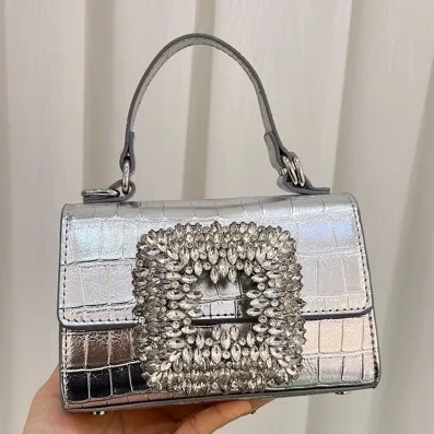 24 New   Diamond-Embedded Fairy  Crocodile Pattern Small Square Super Flash Rhinestone Portable Shoulder Messenger Bag for Women