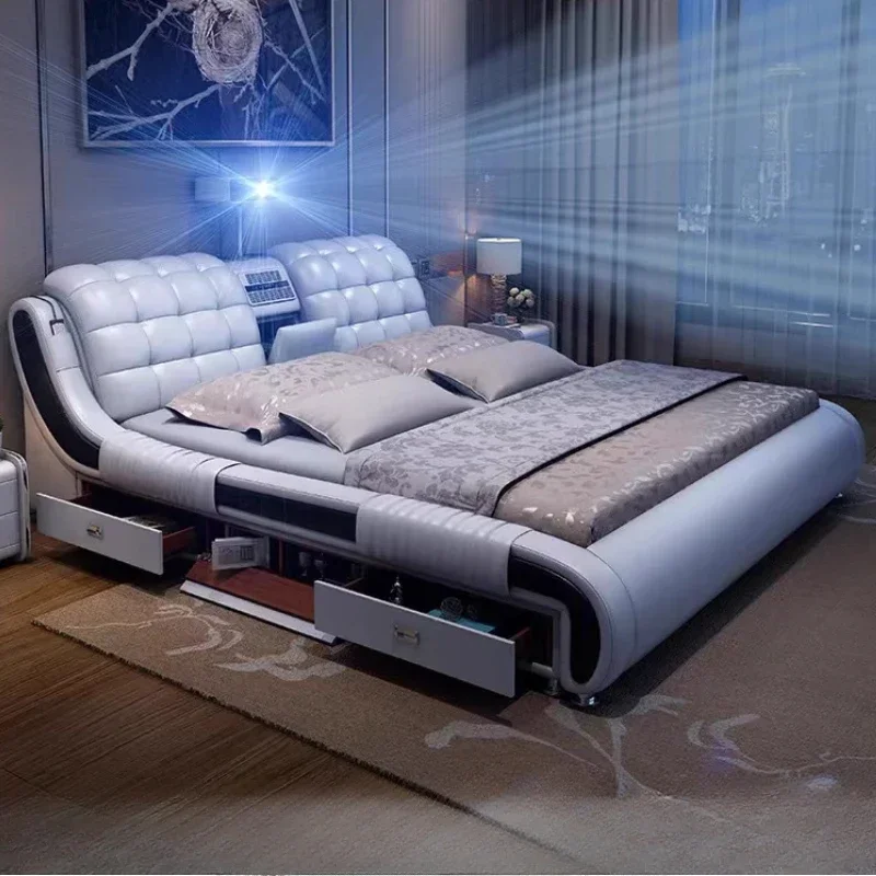 Design Leather Modern Double Bed Storage Space Adults Multifunctional Smart Double Bed Loft Queen Camas De Dormitorio Furniture