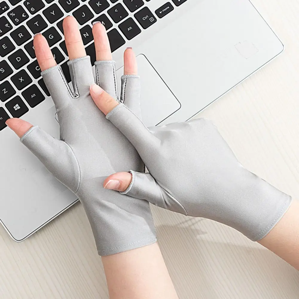 

1 Pair Spandex Women Sun Protection Gloves Semi-finger Anti-ultraviolet Thin Ice Silk Gloves Breathable Solid Color