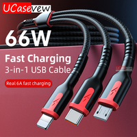 3 in 1 USB Type C Cable for IP 15 14 13 12 ProMax Huawei Samsung Xiaomi Nylon 6A 66W Type-C Micro USB Fast Charging Charge Cable