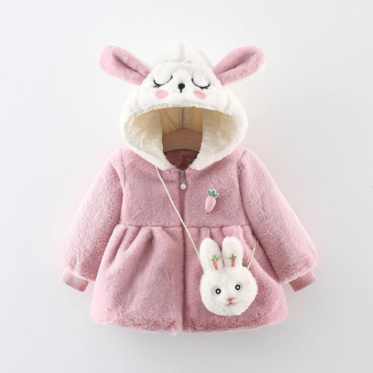 Winter Girls\' Thickened Coat Plush Hooded Newborn Baby Jacket Rabbit Embroidered Baby Girl Cotton Coat Delivery Of Bags