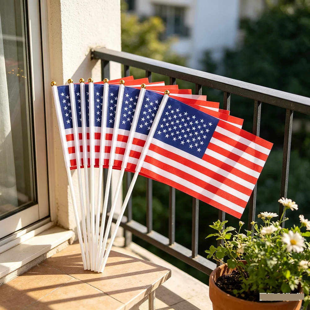 USA，American hand flag 14x21cm Polyester Fade-Resistance  United States Hand Waving Flag with Flagpole