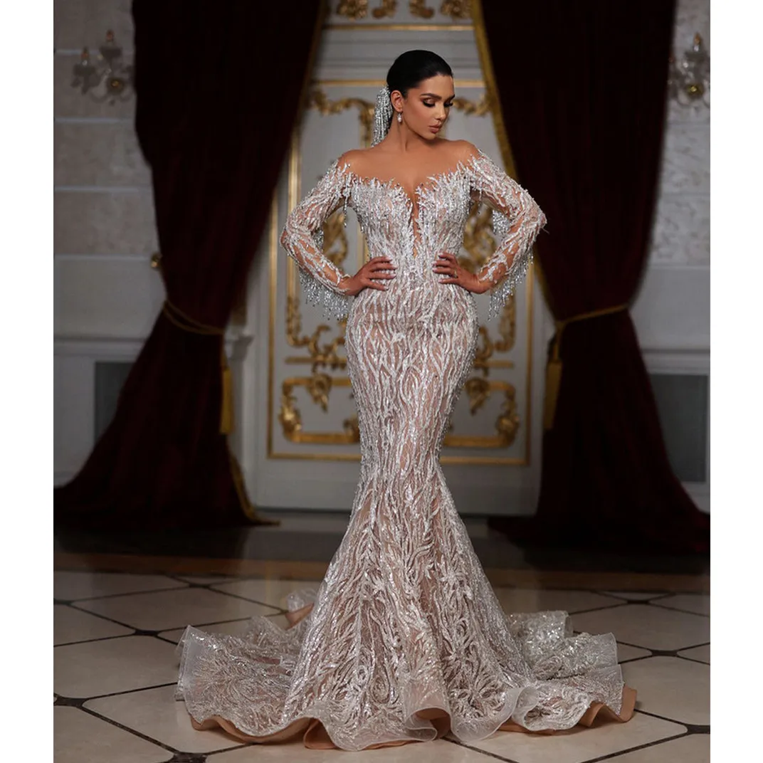 Sexy Evening Dresses Long Sleeves V Neck Sequins Lace Appliques 3D Lace Tassel Diamonds Beads Hollow Plus Size Prom Dresses