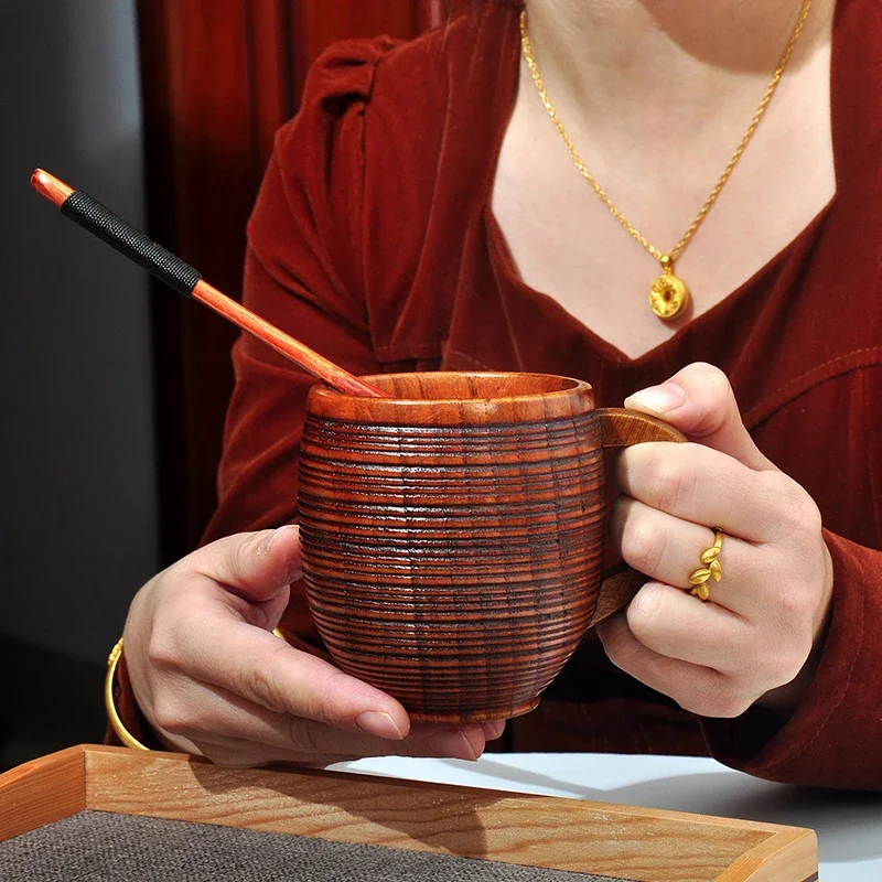 Wooden Big Belly Mug Cup with Handle Handmade Natural Wood Beer Tea Coffee Milk Water Cup Japanese Drinkware Kitchen Bar