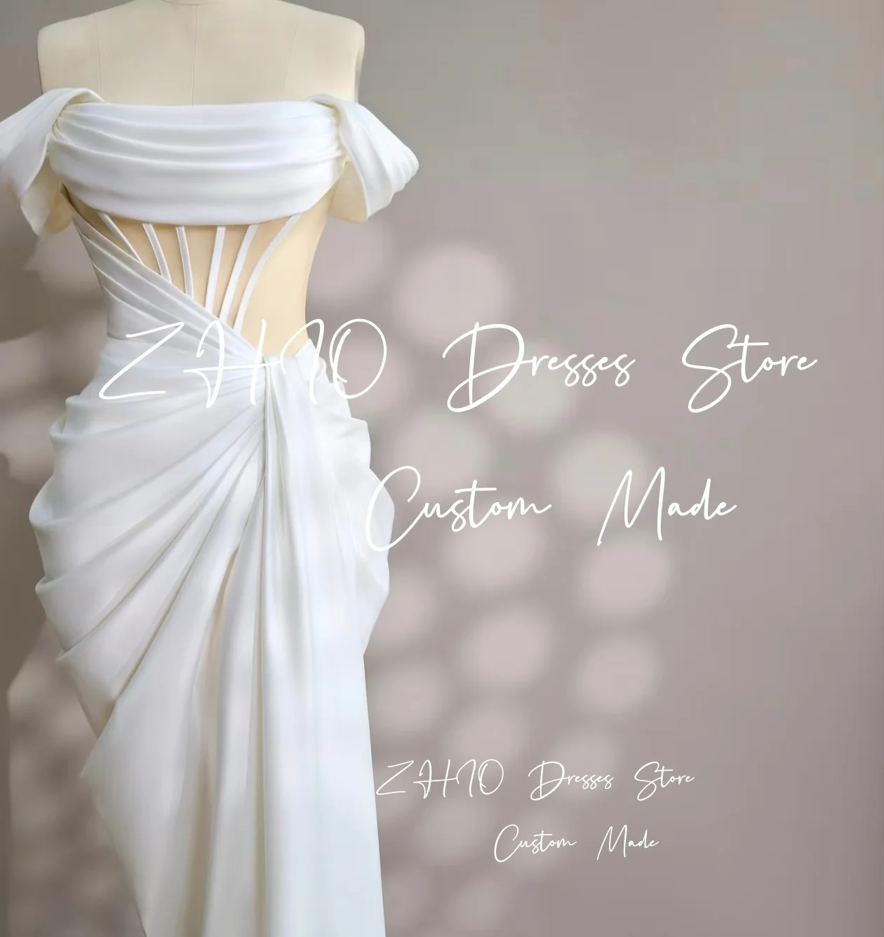 فستان سهرة أبيض أنيق من ZHIO بدون أكتاف مشد حورية البحر ذيل محكمة من الساتان مناسبة خاصة لحفلات الزفاف حسب الطلب