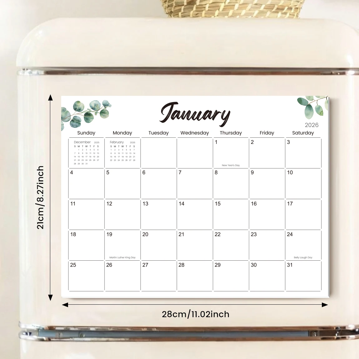 2026 Magnetic Calendar for Refrigerator, 12-Month Wall Planner with Monthly View, Eucalyptus Theme Kitchen Fridge Calendar