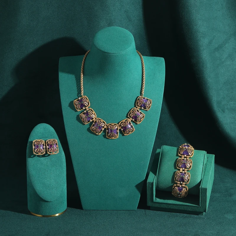

Vintage Square Jewelry Sets Luxury Antique Purple Natural Stone Earring Bracelet Gold Color Necklace For Women Accessories 2026
