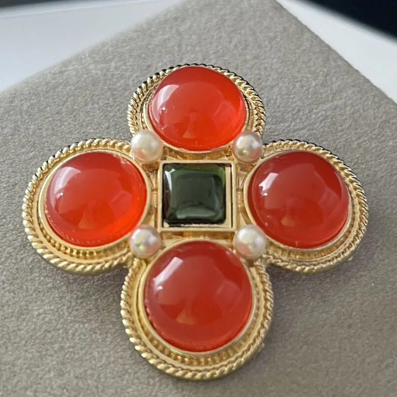 Byzantine Gripoix Style Cross Brooch Pin Gold Tone Red Green Jelly Cabochon