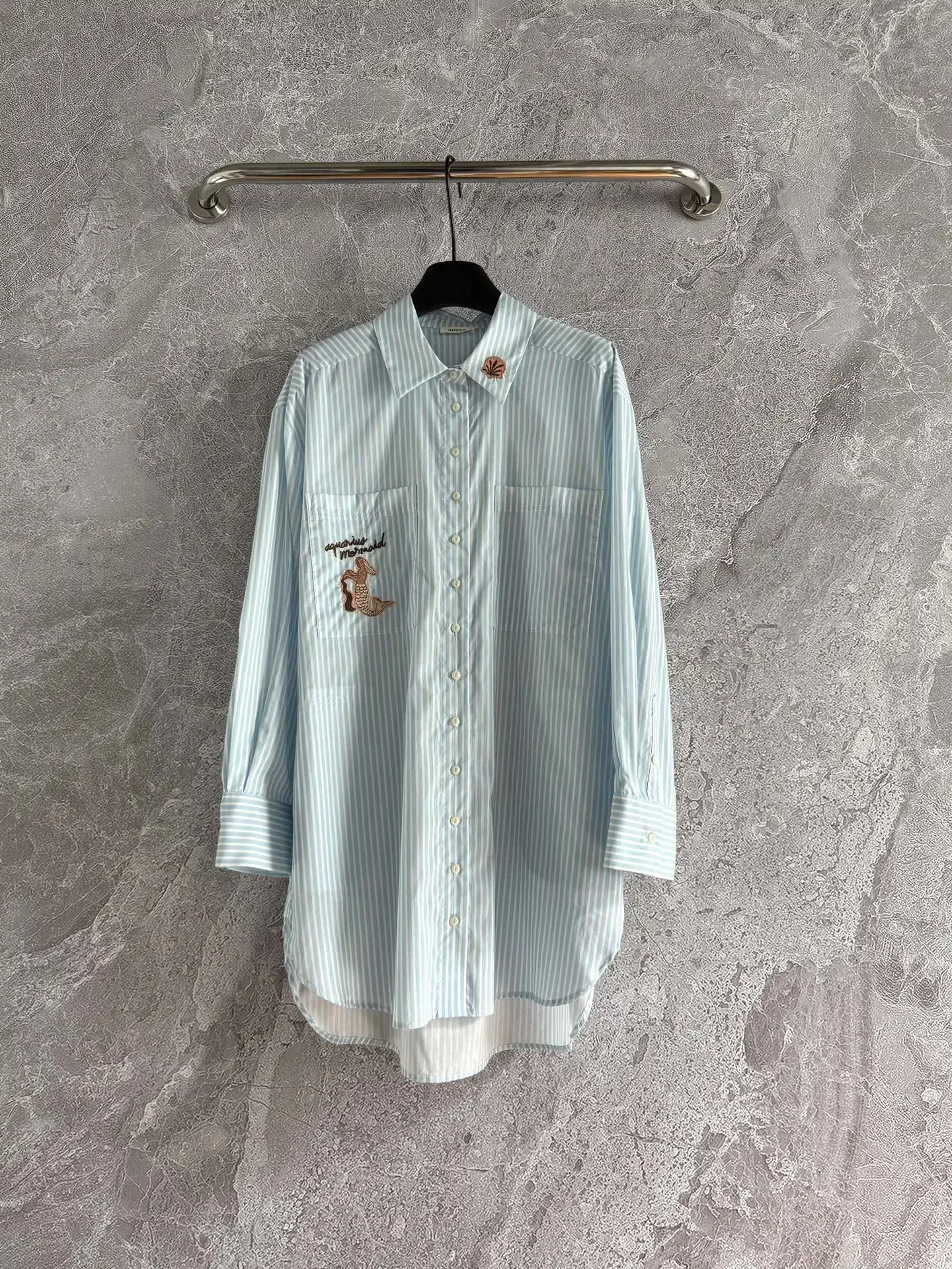 

2025 New Women Blue and White Striped Shirt Cartoon Embroidery Pocket Turn-down Collar Single Breasted Long Sleeve Loose Blouse