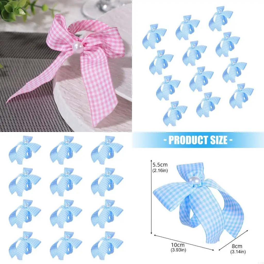 F19B 12Pcs Striped Bowknot Tie Napkin Rings Satins Fabric Pearls Embellishment Dining Table Decoration Desktop Accessories