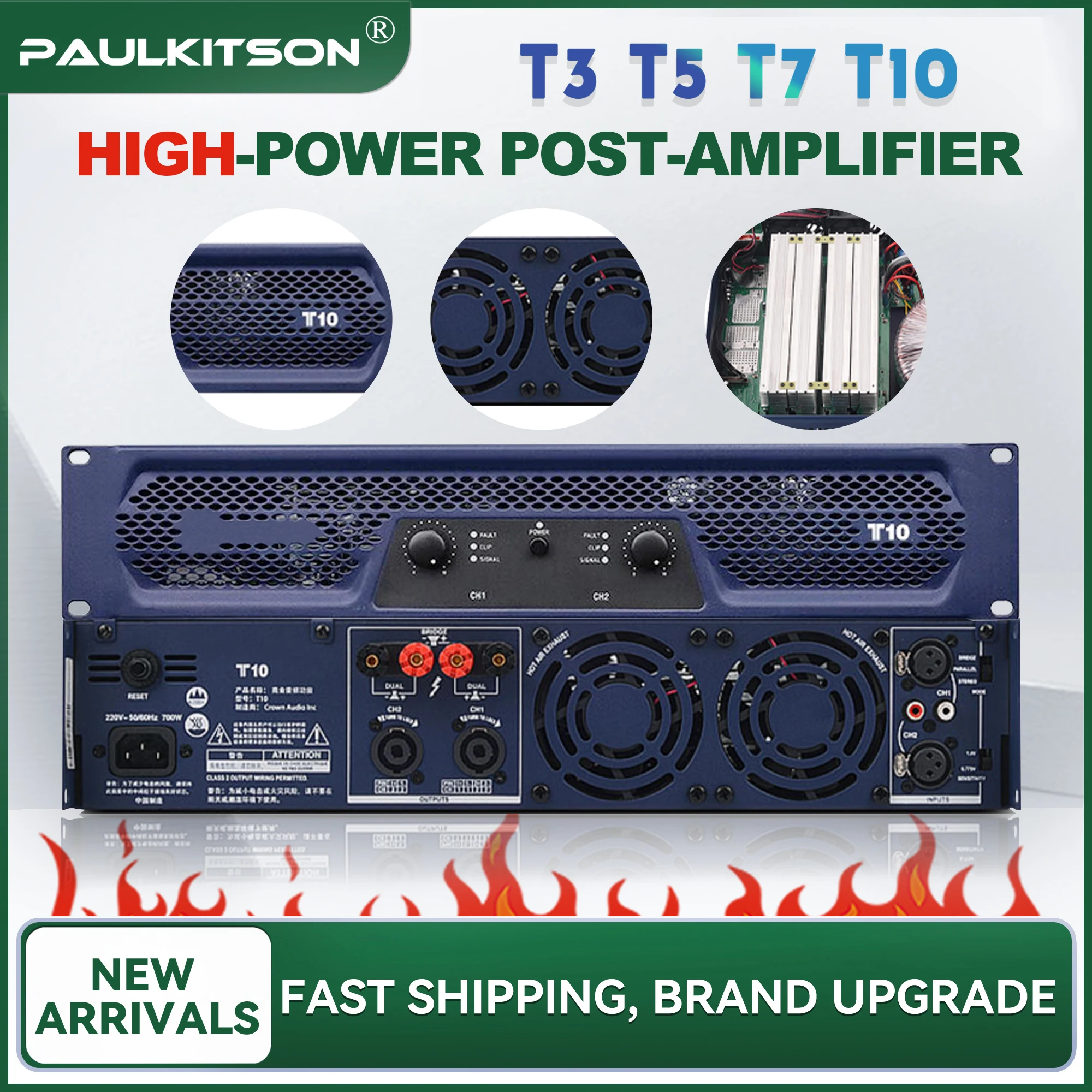 Paulkitson T3 Professional Power Amplifier High‑Power Post‑Amplifier 2‑Channel Rack‑Mount Unit for Live Stage Bar DJ Events