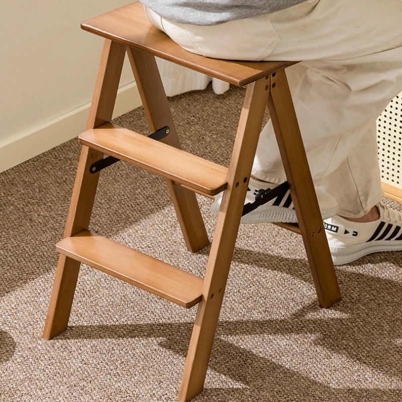 Light luxury bamboo and wood folding ladder stool, folding dining stool, household folding ladder, multi-layer storage rack
