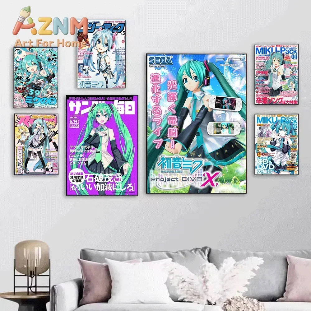 AZNM Hatsune Miku Magazine Cover Canvas Painting, Frameless Canvas Wall Art, Anime Character Wall Painting for Bedroom Living