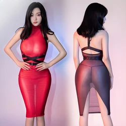 Transparent Tight Dress Women Sexy High Elastic Rope Tied Up Bodycon Dress Erotic Lingerie Nightclub Apparel Hip Wrapped Skirts