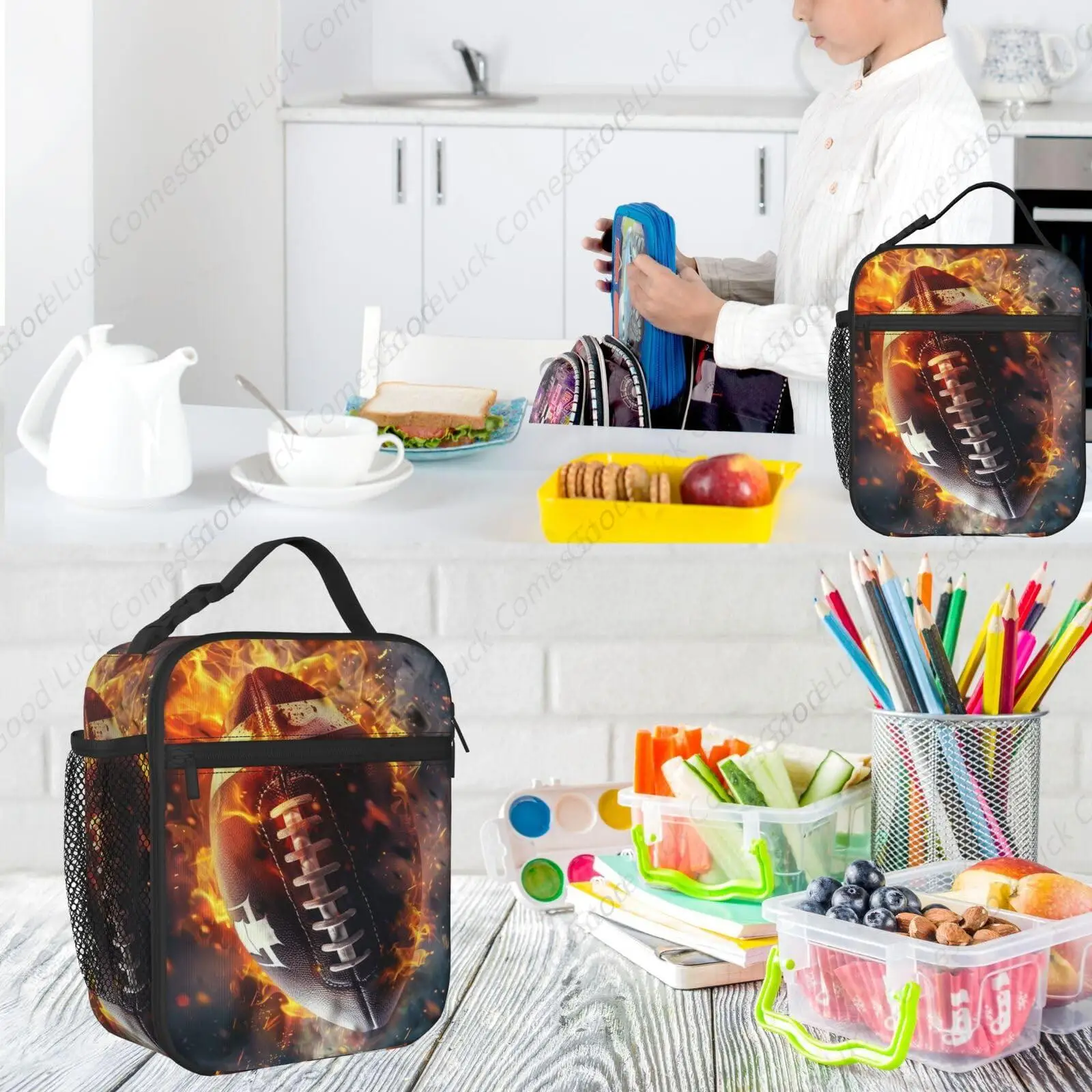 صندوق غداء كرة القدم لهب - حقائب غداء معزولة للأولاد/الفتيات/النساء/الرجال بمقبض قابل للفصل وحقيبة حمل الوجبات #5
