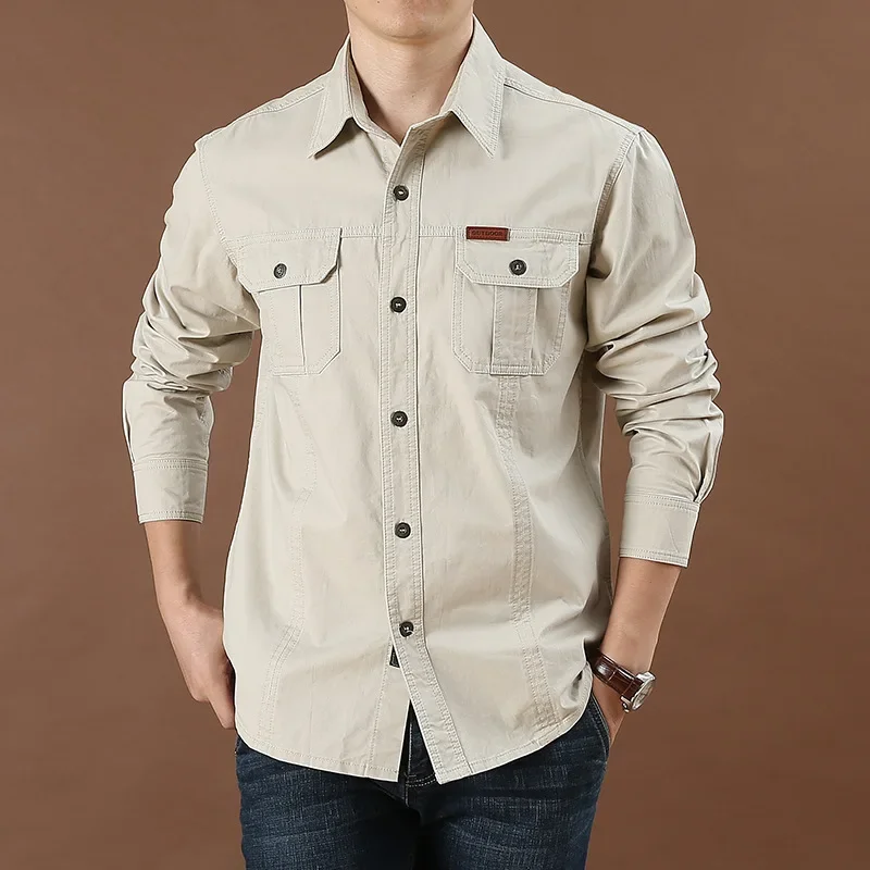 

Men Loose Long-sleeved Shirt. New Solid Color Shirt For Middle-aged And Young People In Europe And America In Spring And Autumn