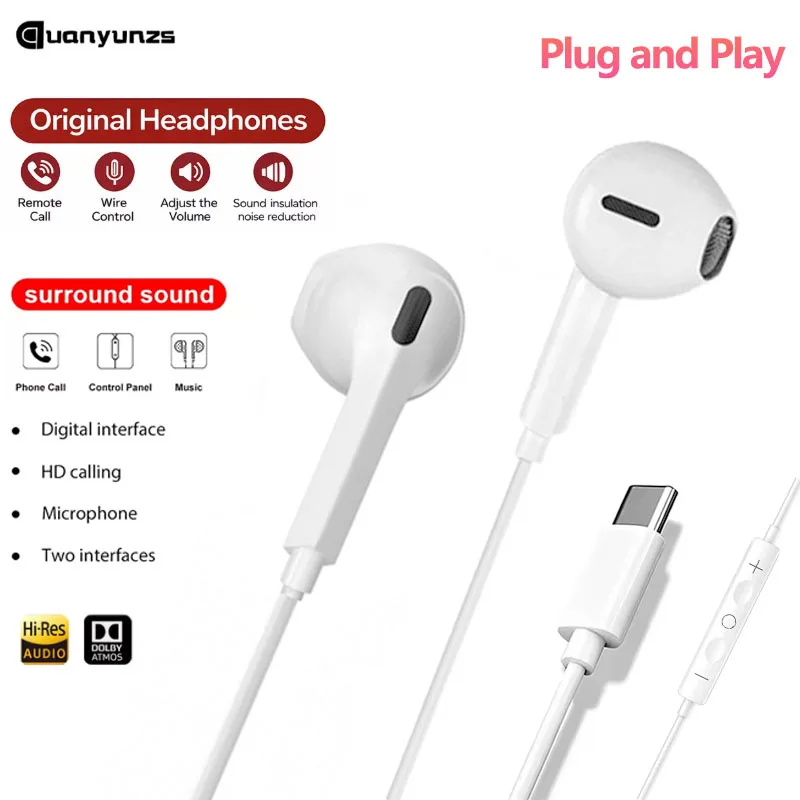 Audífonos Originales con Cable Tipo C para iPhone 17 Pro Max 16 15, Auriculares USB C con Micrófono, Sonido Estéreo de Alta Fidelidad, Audífonos Deportivos