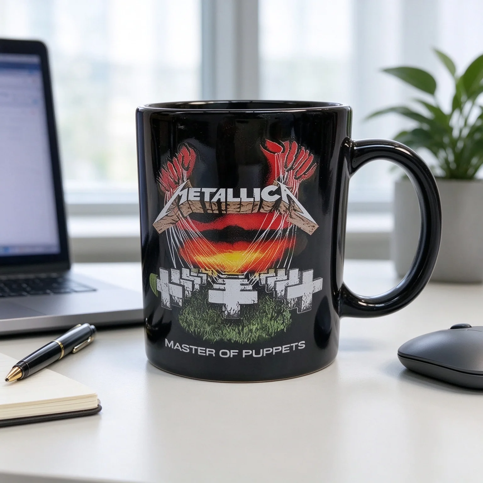 Music Art Printed Black Ceramic Coffee Mug, Retro Heavy Rock Graphic Cup, Drinkware for Music Enthusiast