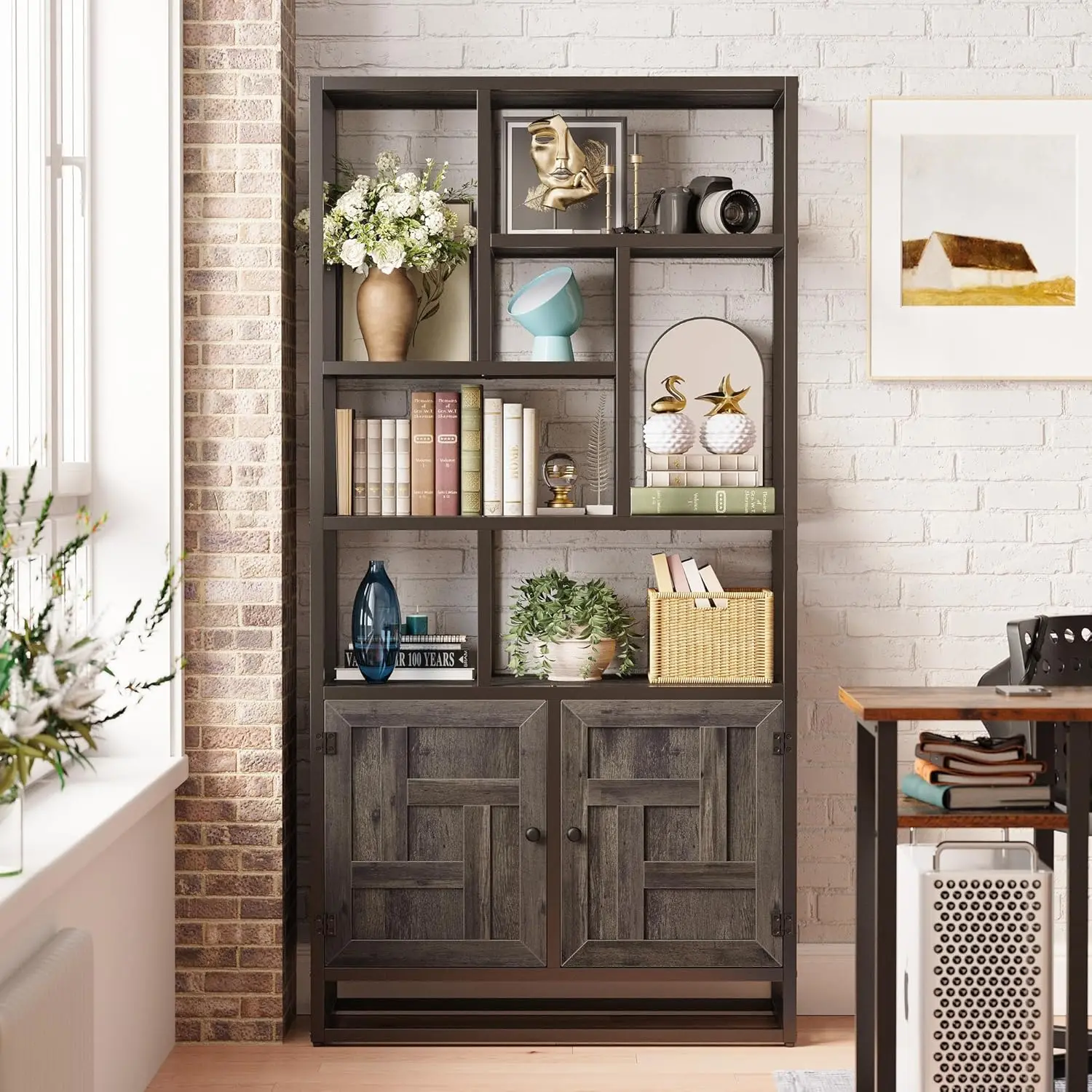 أرفف كتب وخزائن كتب من IRONCK، رف كتب عريض 35.4 بوصة مع أبواب، رف كتب طويل 6 طبقات هندسي مع خزانة تخزين #1