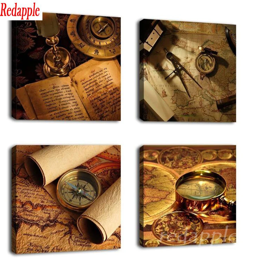 4 Pcs Vintage Compass Treasure Map 5d diamond painting diy full square drill embroidery round diamond mosaic DIY rhinestone art